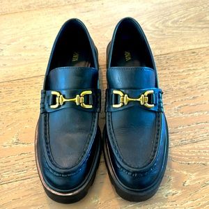 Zara black leather loafers with brass accent